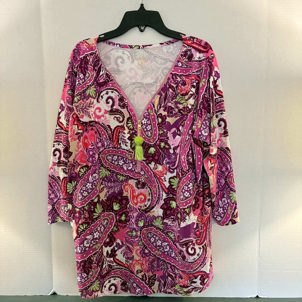 Belle by Kim Gravel Tunic Womens L Pink Paisley Zip Tassel Boho A640322